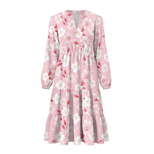 Kirschblüten-Midikleid für Damen, kleines Patchwork-Kleid, lang 1