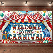 Pancarta de carnaval con diseño de payaso, elefante, globos y carpa a rayas: telón de fondo de bienvenida para fiestas y celebraciones de circo.