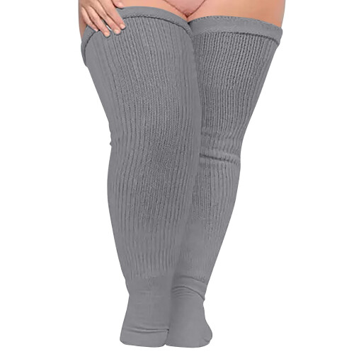 Thigh High Stockings Clearance – Solid Plus Size Cotton Over-Knee Socks, Extra Long & Thick, Grey; Compatible with Compression Needs