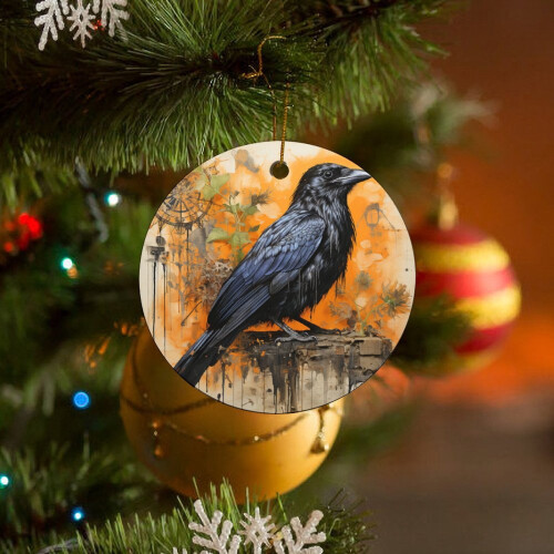 Blackbird Ceramic Christmas Ornament White Orange Crow 2