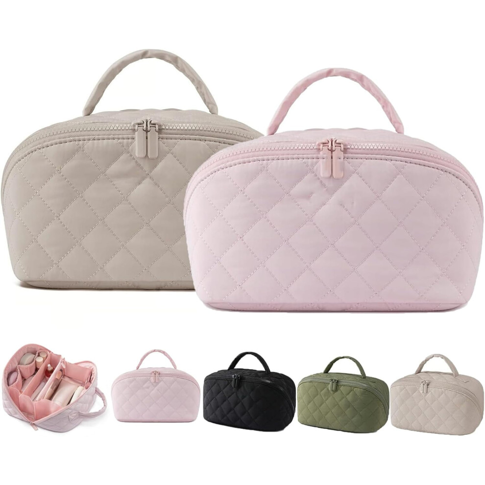 Travel Makeup Bag for Women with 180 Opening, Waterproof Flat-Lay Organizer with Multiple Compartments for Toiletries and Brushes