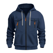 SYMOID Men's Navy Zip-Up Hoodie, S Size – 100% Polyester, Multi-Pockets, Orange Zipper Pulls, Black Drawstrings, Durable Casual Wear