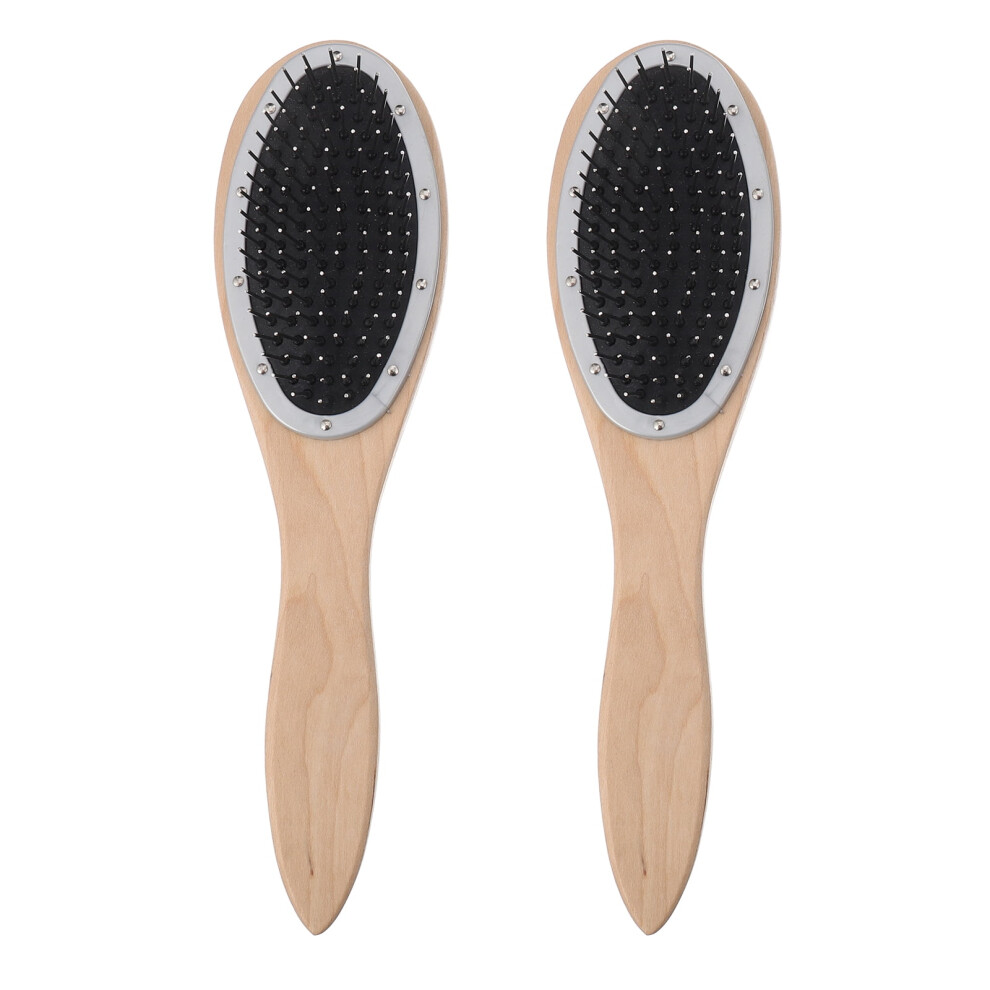 2Pcs Detangling Hair Brush Wooden Handle Comb with Stainless Steel Wire Bristle