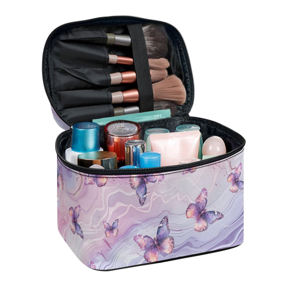Double Layer Travel Makeup Bag Large Capacity Portable Toiletry Cosmetic Travel Bag with Brush Slots with Large Capacity Butterflies