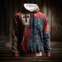 SYMOID Men's Vintage Patchwork Hoodie - Christian Cross Patriotic, 100% Polyester, Navy, Size XS, Lined Hood