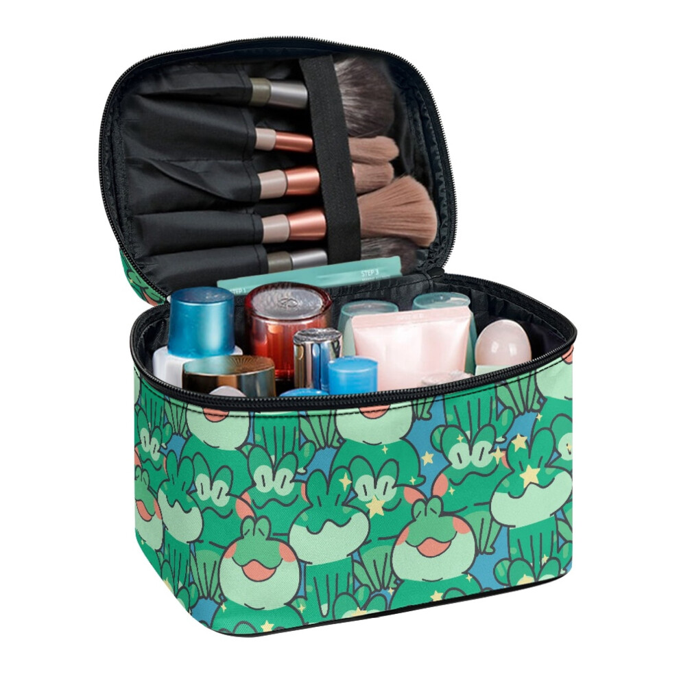 Cartoon Frog Portable Cosmetic Bag Organizer with Brush Slots Storage Double Zipper Women