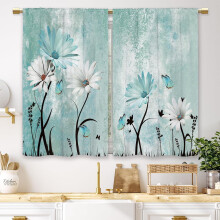Rideaux de cuisine fleuris style ferme, rideaux courts rustiques à motifs de marguerites turquoise pour fenêtre de style café (66 x 61 cm),