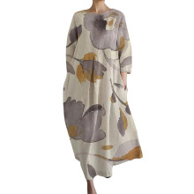 Damenkleid, locker geschnitten, Rundhalsausschnitt, modisch, langärmelig, bedruckt, V-Ausschnitt, Sommerkleid (Beige, XL)