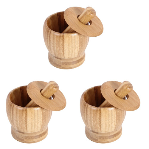 3Pièces Ensemble Pilon À Ail Couvercle En Bois Couleur Khaki 2