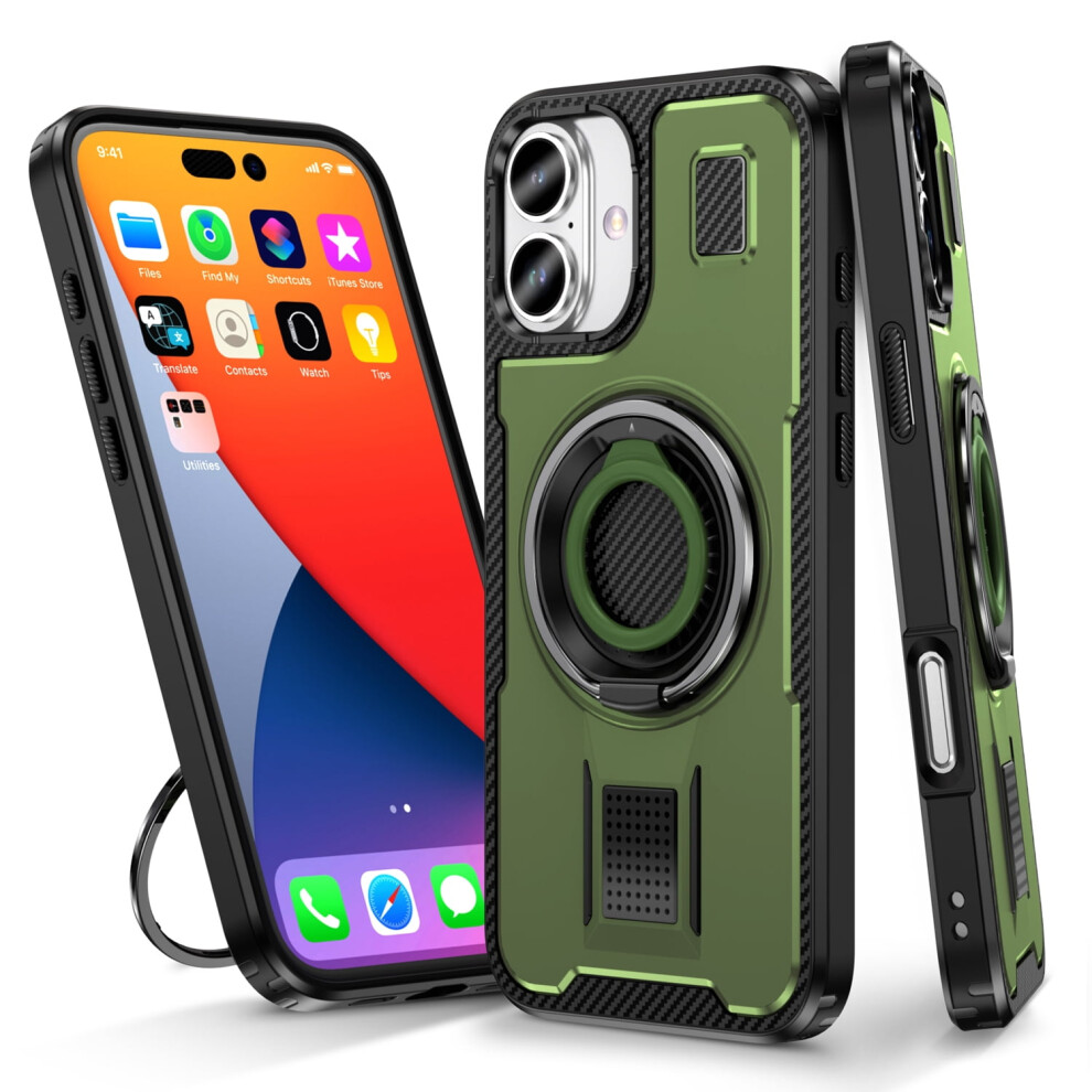 Iphone 16 Case With 360 Rotatable Ring Stand, Shockproof & Anti-Fingerprint Rugged Cover Â Green 974856478651