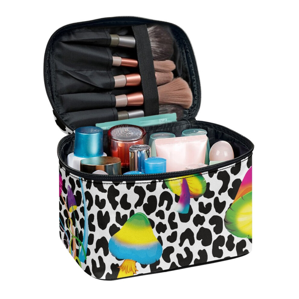 Mushroom Leopard Portable Cosmetic Bag Organizer Brush Protectors Handheld Makeup & Skincare Organizer Bag (8.86"x6.5"x5.9")