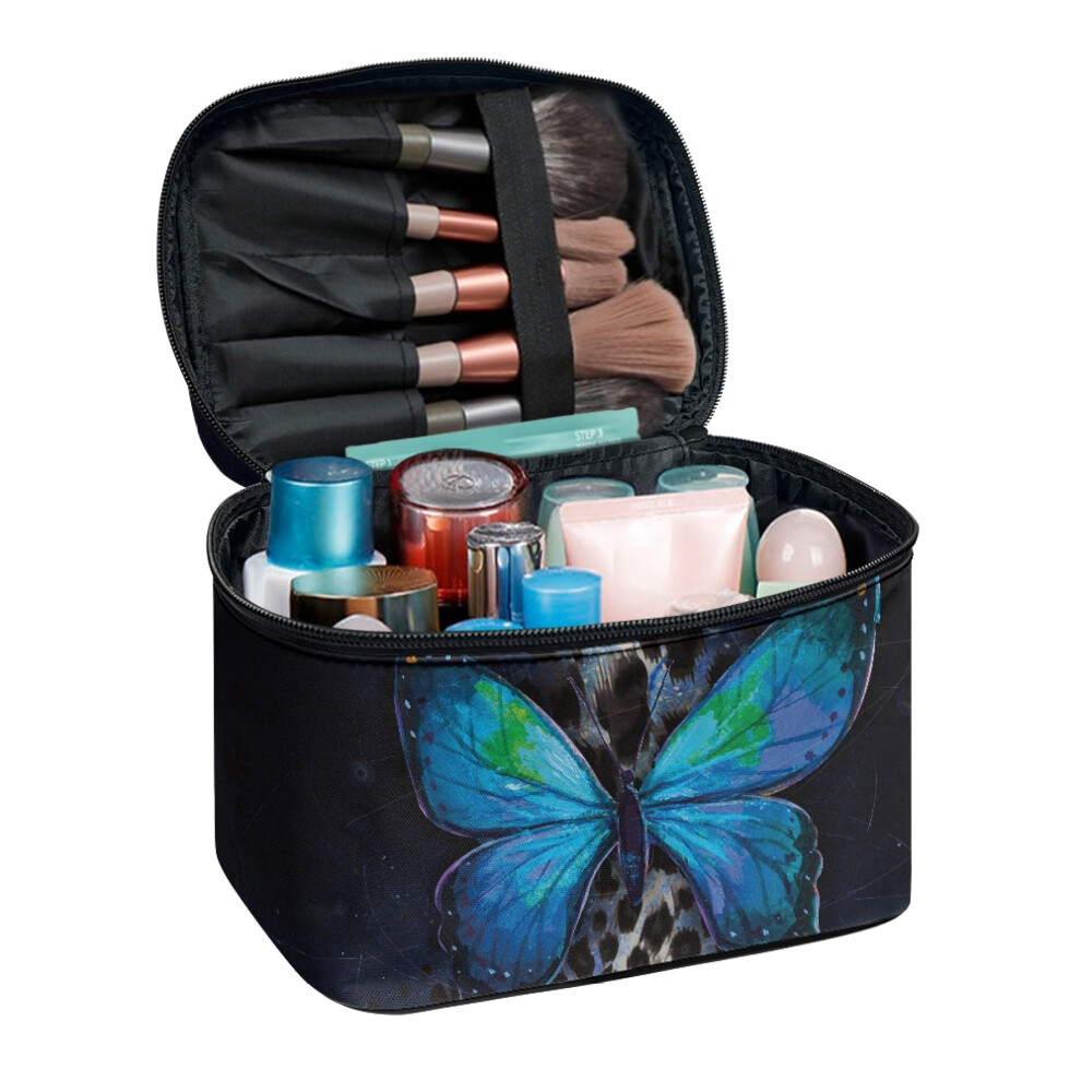 Blue Makeup Brush Bag With Brush Slots Multifunctional Large Capacity Makeup Bag Daily Work With Brush Storage Butterfly Art