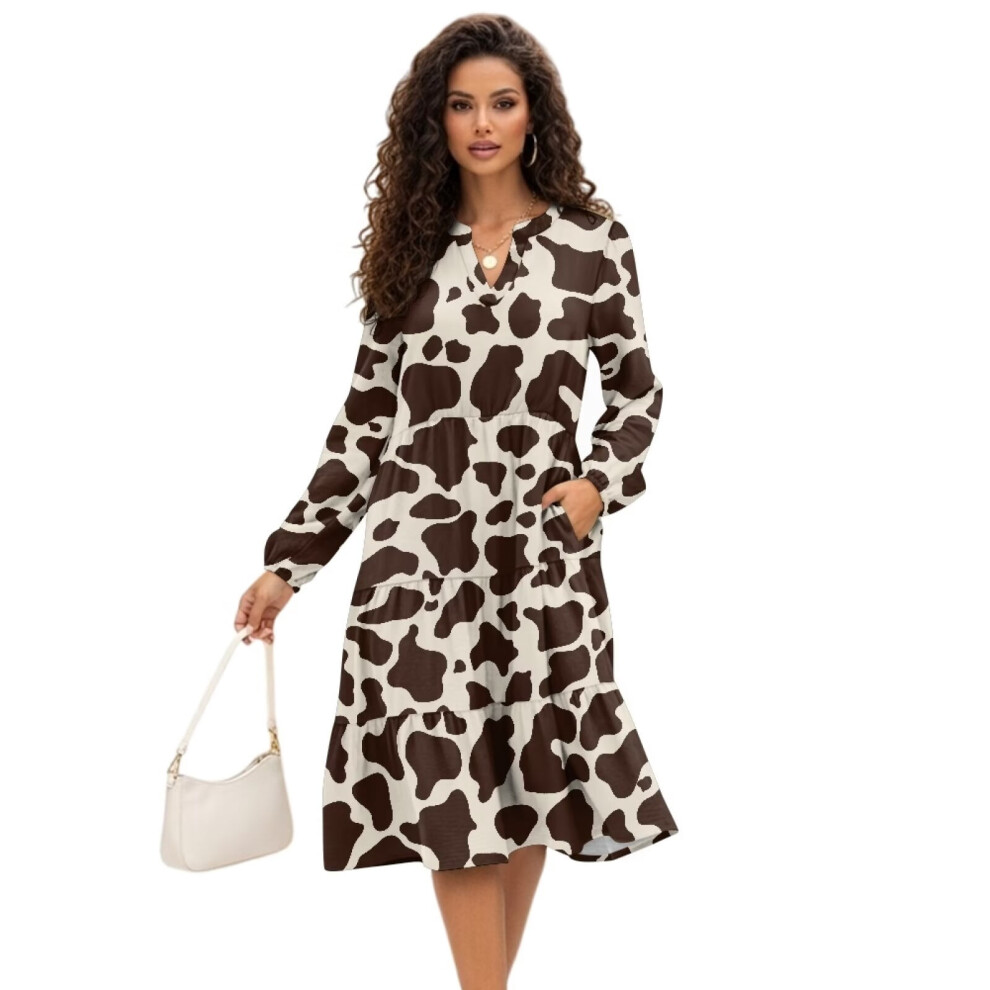 Brown Cow Print Dresses For Women Ruffled Tiered Size S Cozy Long Sleeve Soft Comfy Dress Elastic Flowy Fashion Workwear V-Neck 9180435416377