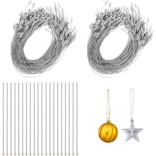200 Pcs Christmas Ornament String Hangers, Precut Silver Ribbon Hooks with Locking Ropes – Compatible with Christmas & Halloween Decor