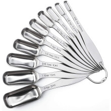 Stainless Steel Narrow Measuring Spoons, Heavy Duty, Long Handle, Engraved, Set of 10, Compatible with Spice Jars