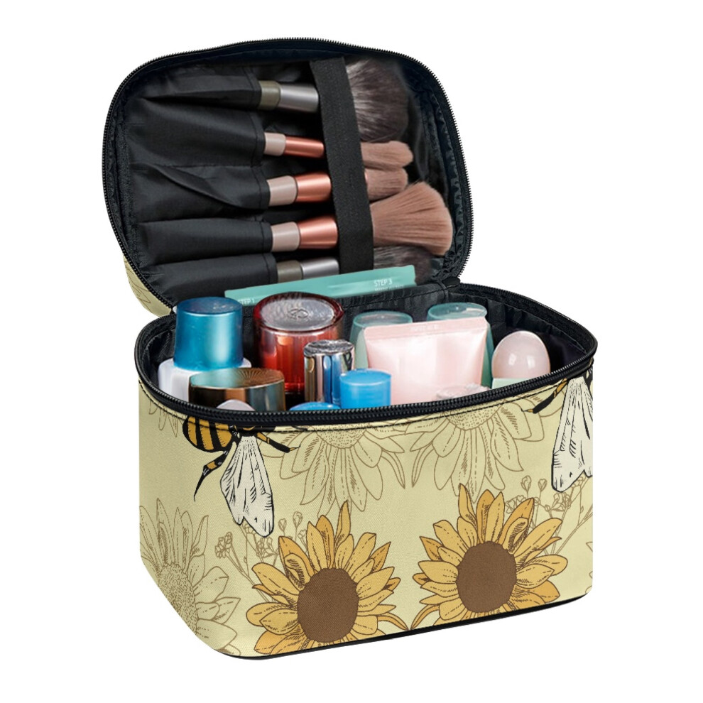 Polyester Makeup Bag Portable Cosmetic Organizer Bags Space-Efficient Travel Portable Bee and Sunflower Pattern