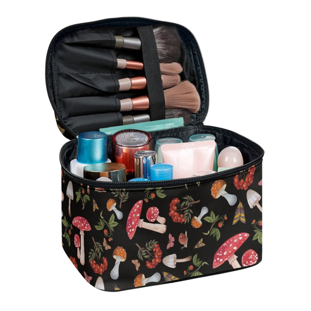 Mushroom Pattern Double Zipper Cosmetic Bag Female Storage Pockets With Brush Storage Double Zip