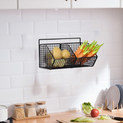 Stackable Wall-Mounted Fruit Basket for Kitchen, Compatible with Potato/Onion Storage & Banana Hook, Black
