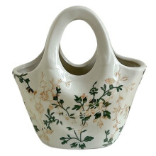 Ceramic Purse Vase for Flowers, Cute Handbag Vase, Vintage Green and Beige Floral Vase for Table Centerpiece