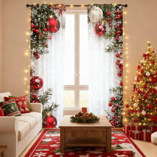 Christmas Ball Holiday Curtains, 2 pcs, Red Luxury Xmas Print with Snowflakes & Pine Branches