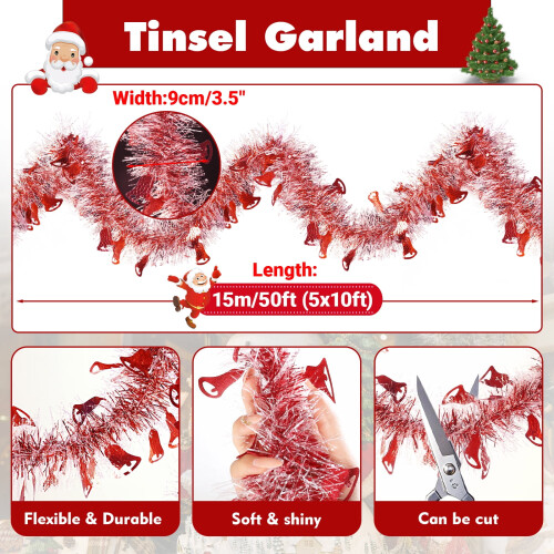 Tinsel Garland Silver Red 10ft 5-Pack 1