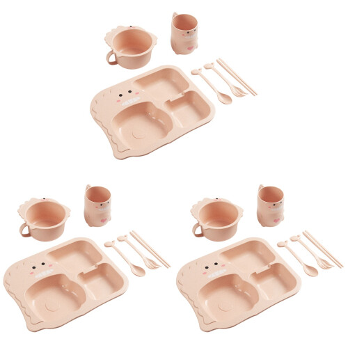 3Sets Kindertafelset Roze PP Tarwe Compartiment Bord Kom 2