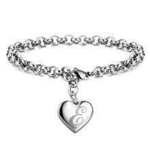 925 Sterling Solid Silver Jewelry A-Z Letter Charm Heart Bracelet For Women-E
