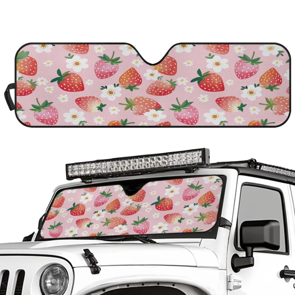 Strawberry Print Windshield Sunshade For Jeep Wrangler (1997-2018 Tj/Jk/Jku), Uv & Heat Protection, 52.95X16.14 In, Compatible With Jeep Wrangler 9122141072133