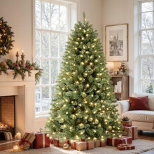 7.5ft Pre-lit Classic Spruce Xmas Tree, 350 Warm White Lights, 1170 Tips, Foldable Stand, Green – Compatible with Standard Decor