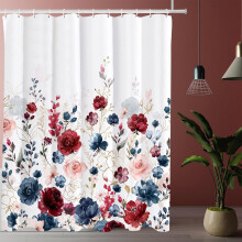 Rideau de douche à motif floral rose marine/rouge/rose, fleurs dorées aquarelle, 180 x 180 cm, polyester imperméable, avec crochets