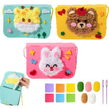 Wool Embroidery Crossbody Bag Kit for Kids, DIY Cartoon Animal Sewing Craft, Needle Painting Satchel (3PCS-G), compatible with Townscloud