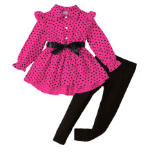 Completo da bambina composto da vestito a maniche lunghe con bottoni e leggings, colore rosso.