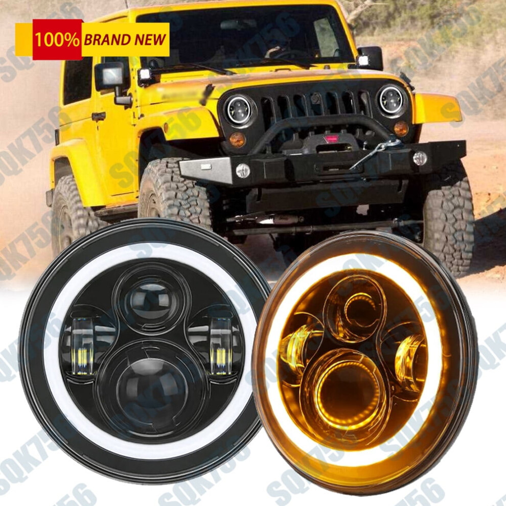 Pair 7" Inch Round Led Headlight Halo Drl Lamp For Jeep Wrangler Jk Lj Tj White 9341593652063