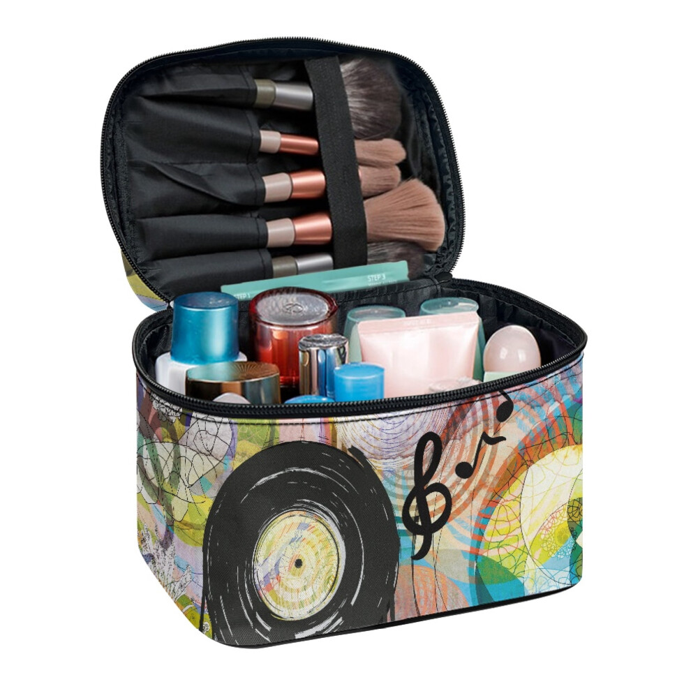 Music Disc Pattern Cosmetic Organizer Bags Large Capacity Vanity Storage With Brush Storage Polyester
