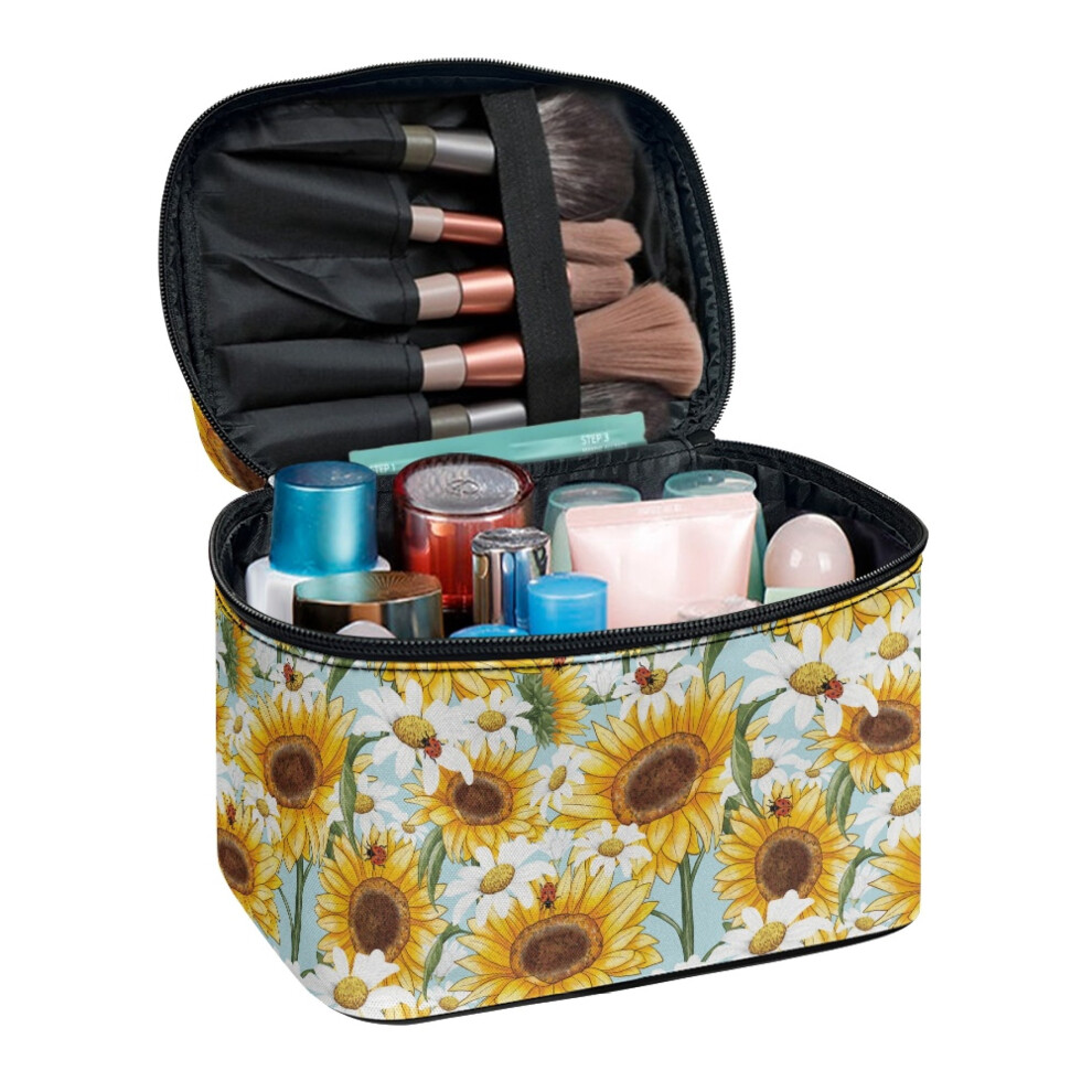 Sunflower Daisy Small Makeup Bag Polyester Practical Storage Pockets Brush Holders with Brush Slots