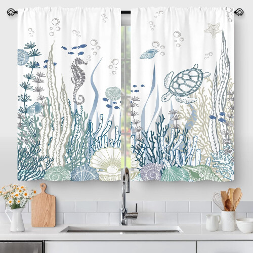 Nautical Ocean Kitchen Curtains Turtle Coral Seashell 1