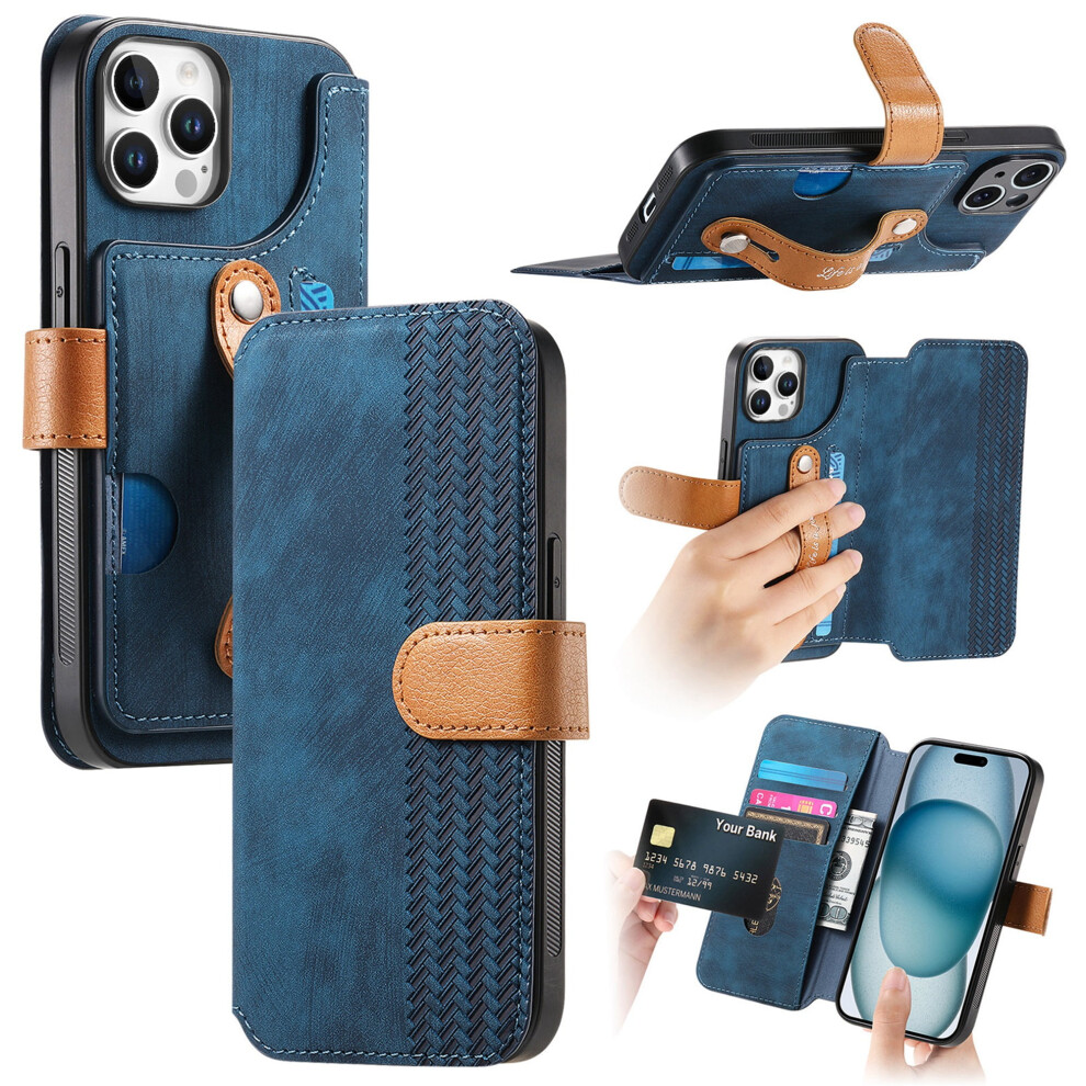 Rfid-Blocking Wallet Case For Iphone 16 Pro Â Pu Leather Flip Cover With Wristband, Kickstand & Shockproof Design, Blue 9097180845607