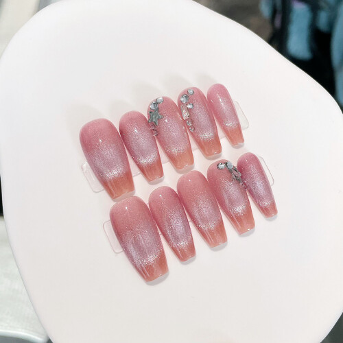 (S) Pink Cat Eye Fake Nails, Square Tips 1