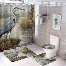 Ensemble de douche 4 pièces avec tapis, couvre-abattant et tapis de bain – Motif héron de Marsh Edge Design, tissu imperméable, cadeau idéal