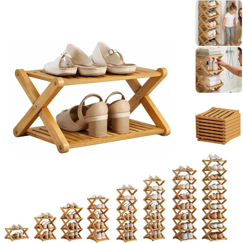 Bamboo Shoe Rack 2-Tier Foldable Corner Organizer