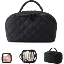 Reise-Make-up-Tasche, gesteppter Kosmetiktaschen-Organizer mit Fächern und Griff, ein Muss für Flugreisen.