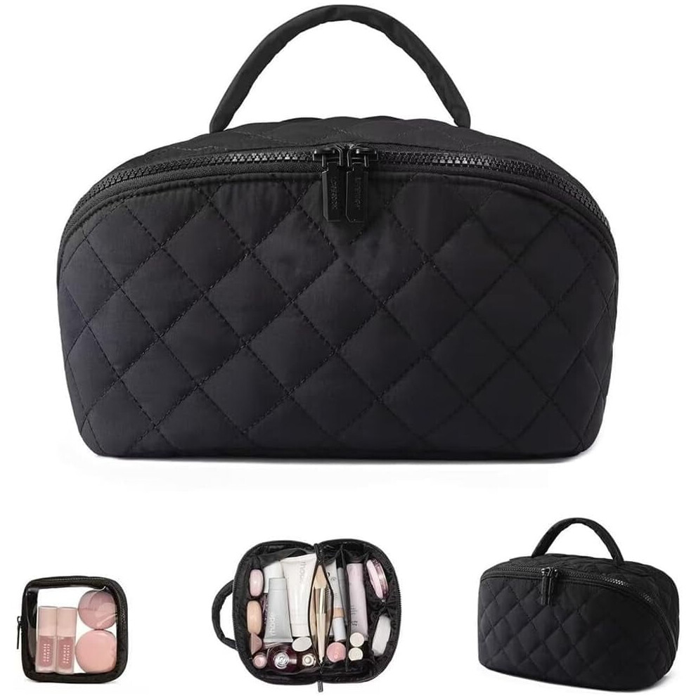 Travel makeup bag, quilted cosmetic bag organizer with compartments and handle, a must-have for airport travel.