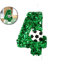 Birthday Cake Candle, White Green Soccer Number 4 Cake Topper, Sparkling Sequins Football Theme Birthday Party Decorations