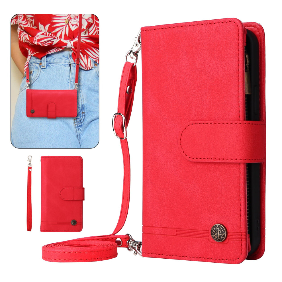 Magnetic Leather Crossbody Wallet Case For Iphone 15 Pro Â Zipper, Kickstand, Lanyard/Shoulder Strap, Red 9178400169946