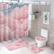 Pastel Cloud Shower Curtain 4-Pc Set: Waterproof Curtain, Non-Slip Rug, Toilet Lid Cover & Bath Mat – 72"x72", for Girls' Room/Nursery/Playroom