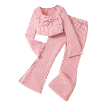 Girls 2 Piece Outfits Notched V Neck Ruched Long Sleeve Tee and Flare Leg Rib Knit Pants Set Pink 16Y