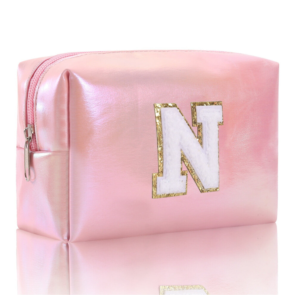 Large Embroidered Makeup Bag - Alphabet Monogram Travel Cosmetic Organizer, Toiletry Clutch with Zipper, Durable Storage