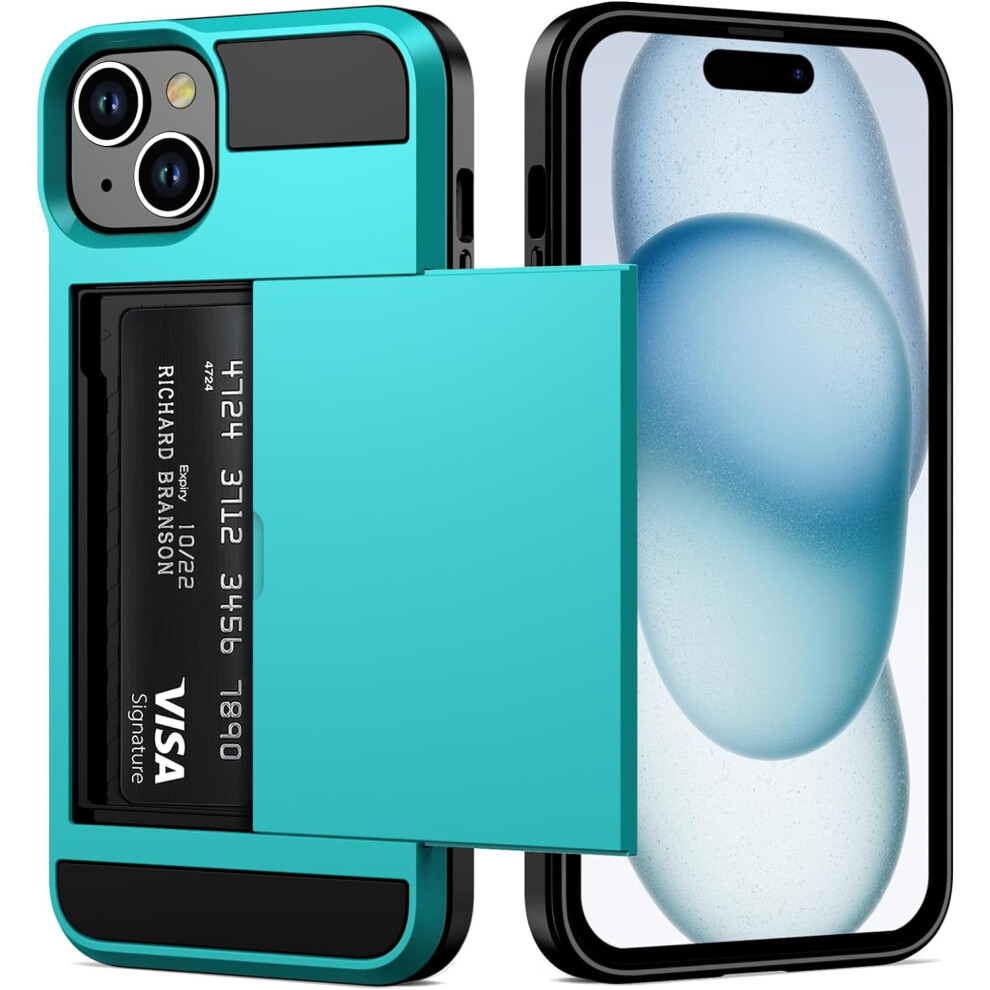 Slim Dual-Layer Shockproof Wallet Case Compatible With Iphone 15 (6.1"), Sky Hidden Card Slot Blue 9023022580733