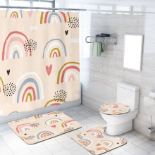 Kids Rainbow 4-Pc Shower Curtain Set w/ Non-Slip Rug, Boho Cartoon Love Heart Design, Waterproof, 72x72 Inch