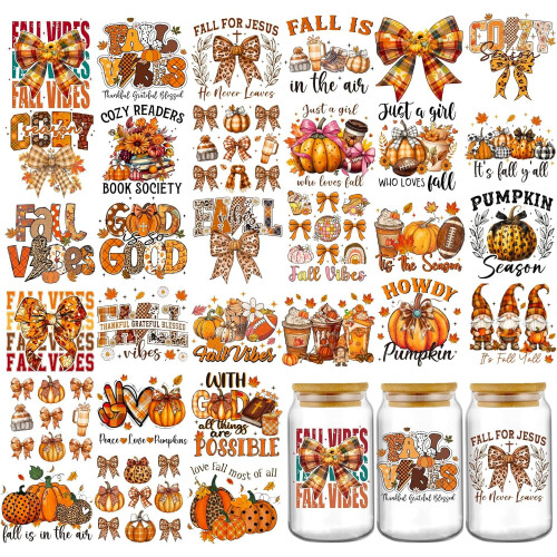 Fall UV DTF Stickers Maple Pumpkin Bow Cup Wraps 30 Sheets